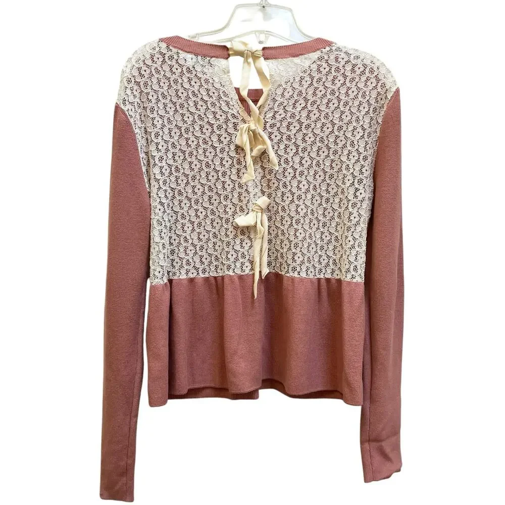 Red Valentino Mauve Rose Lace Tie Back Long Sleeve Top Size Small